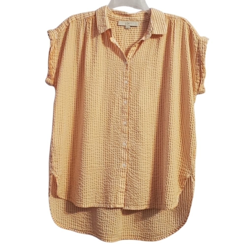 Loft Women's Striped Cotton Button Up High Low Blouse Top M